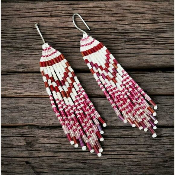 Boho Chic Beaded Fringe Cascade Dangle Earrings, Plum & White, 4" - Picture 1 of 7